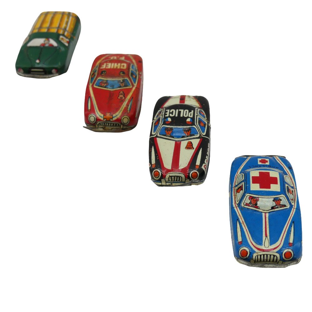 Lot of 4 Vintage Colitible Tin Toy Car Police Ambulance Chief Mini Vehicles